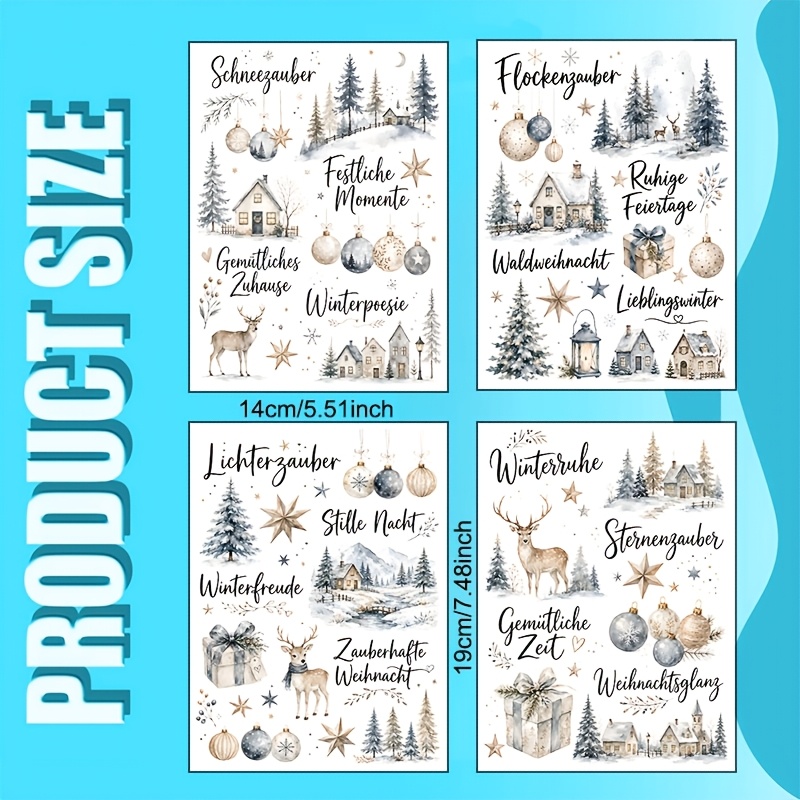 TEMU 4pcs Reindeer German Christmas Short Theme Vinyl Uv Dtf Transfer For Cups, 16oz Glass Tumblers, Coffee Mugs, Ceramic, Computers, Phone Cases,