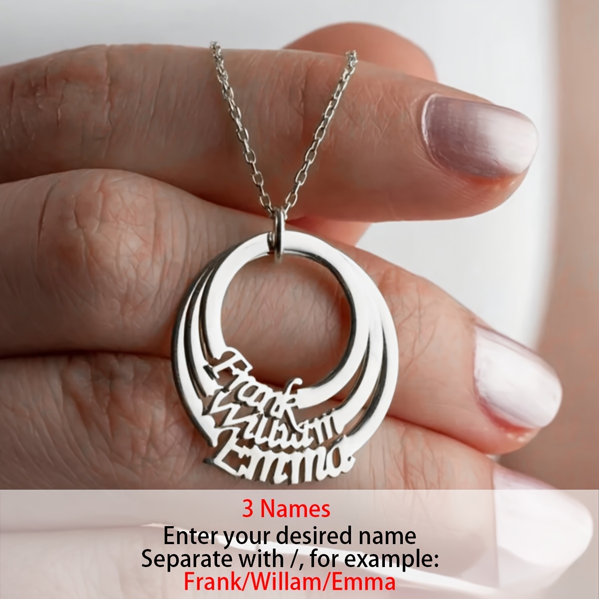 Customized Elegant Multi-round Stainless Steel Personalized Name Pendant Necklace, Of Engraving 1-3 English Names. A Warm And Unique Family Gift, An Ideal Jewelry For To Your On Valentine's Day Or