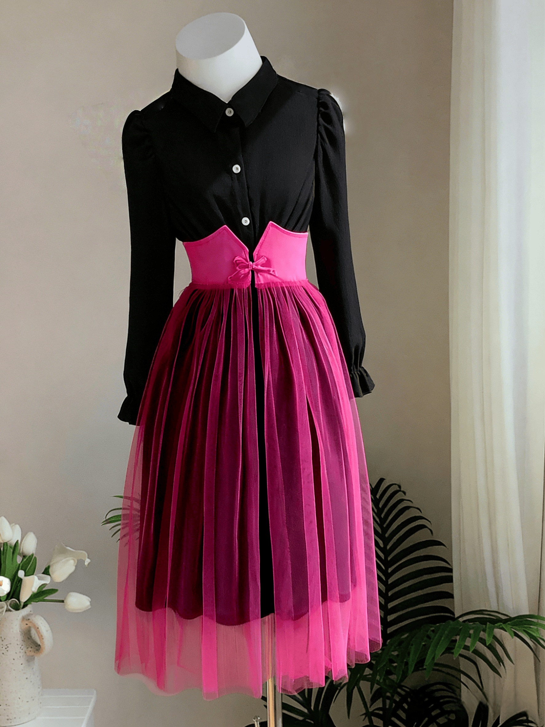long sleeve draped black dress Dear Scarlett Lizzy Tank Dress in Fuchsia/Black – Villari Chic main image 0
