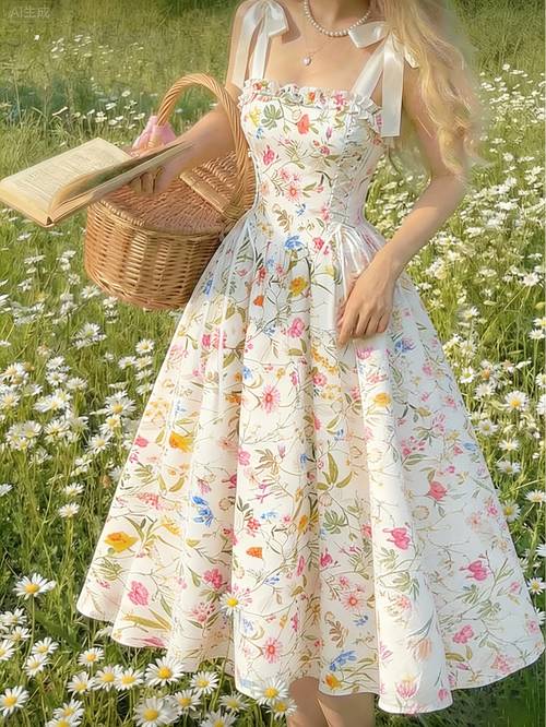 sweet floral print spaghetti strap tie up dress waist cinching flared maxi dress bow strap princess dress elegant vintage style