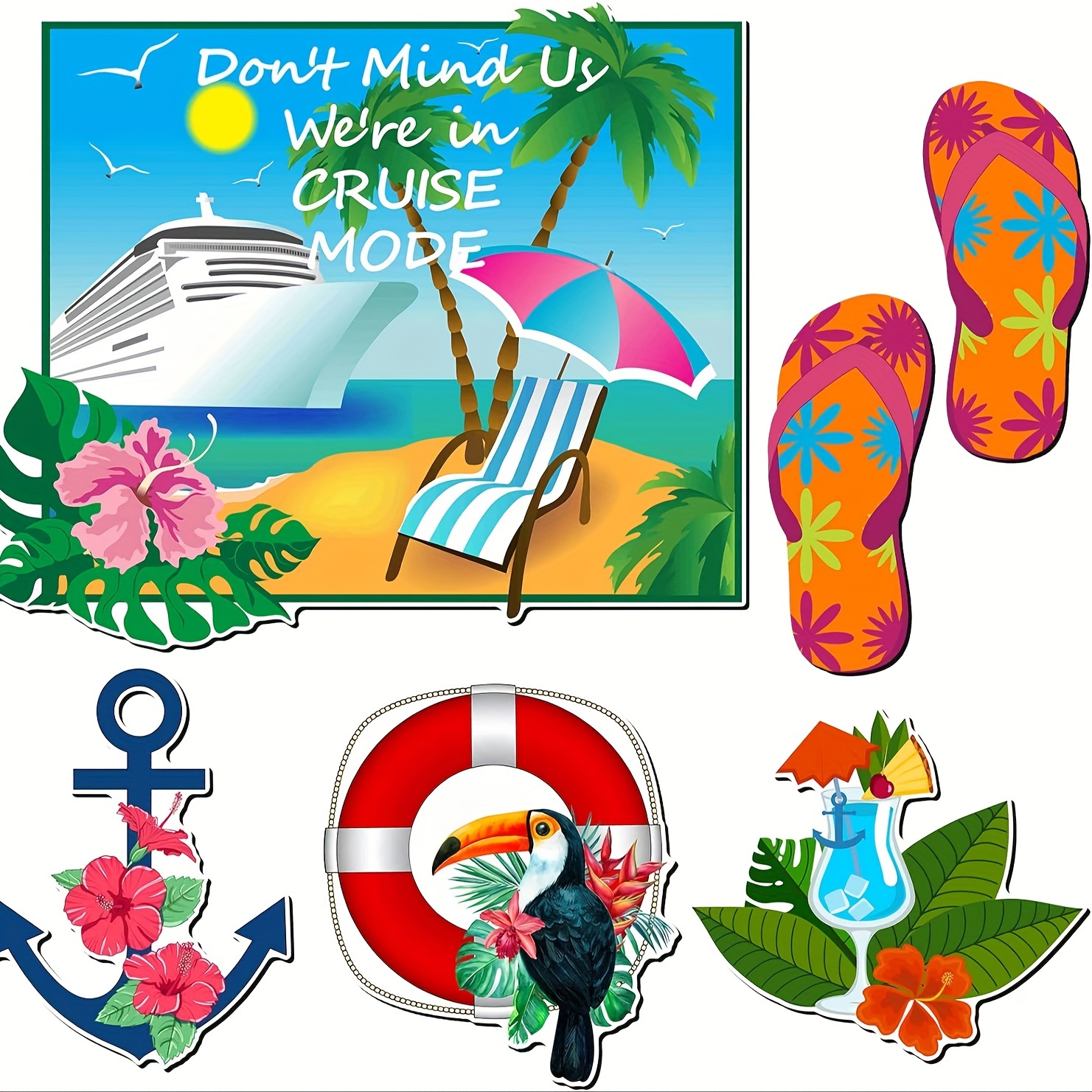 

6pcs Tropical Nautical Cruise Door Magnets Set, Flip-flop, Anchor, Steering Wheel & Life Preserver Ring, Vibrant Stateroom Decor, Colorful Magnetic Cabin Door Accents