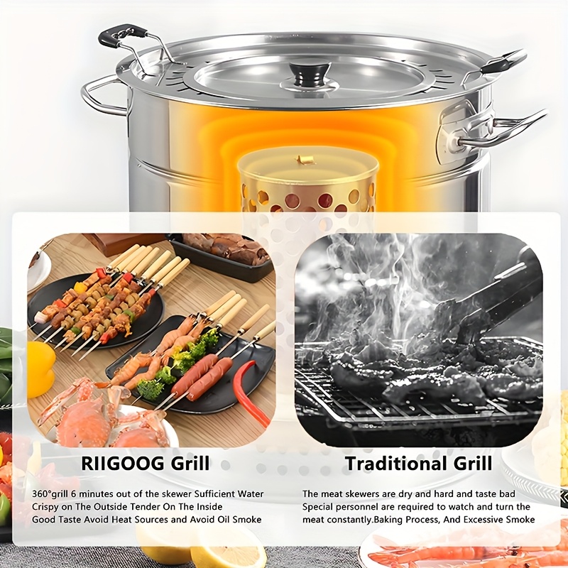 Heavy-Duty Stainless Steel BBQ Grill with Lid - Commercial/Home Use, Holds 22/30 Skewers, Portable Outdoor/Indoor Grill for Camping, Backyard, Restaurants - Compatible with Charcoal & Gas - Easy Assembly Required, Grills for Cooking, Outdoor Grilling, Sturdy Handles, Skewer Holder, Restaurant Owners