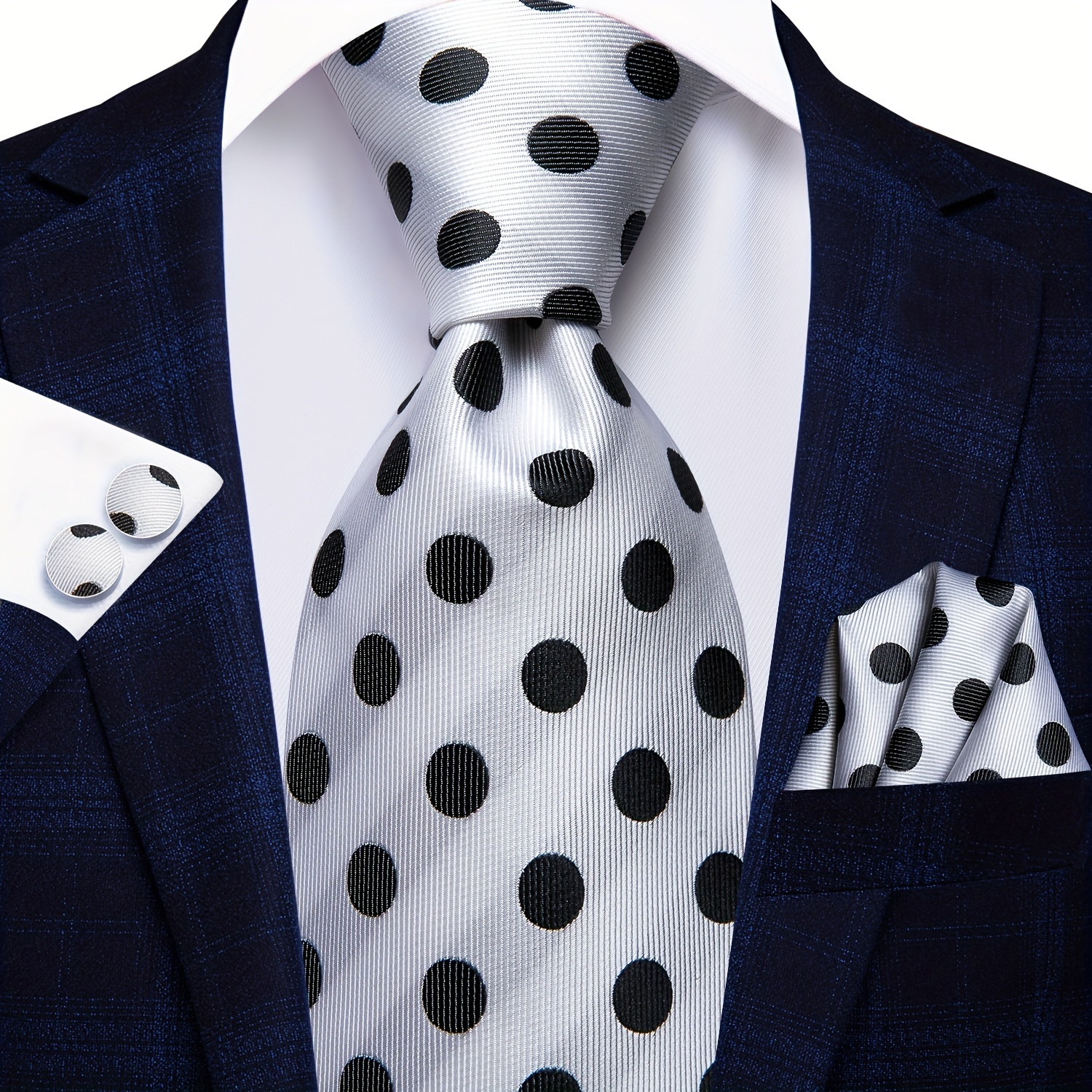 TEMU 1set Fashion Mens Tie Polka Dot Necktie Handkerchief Square Cufflinks Set Formal Party Formal Event