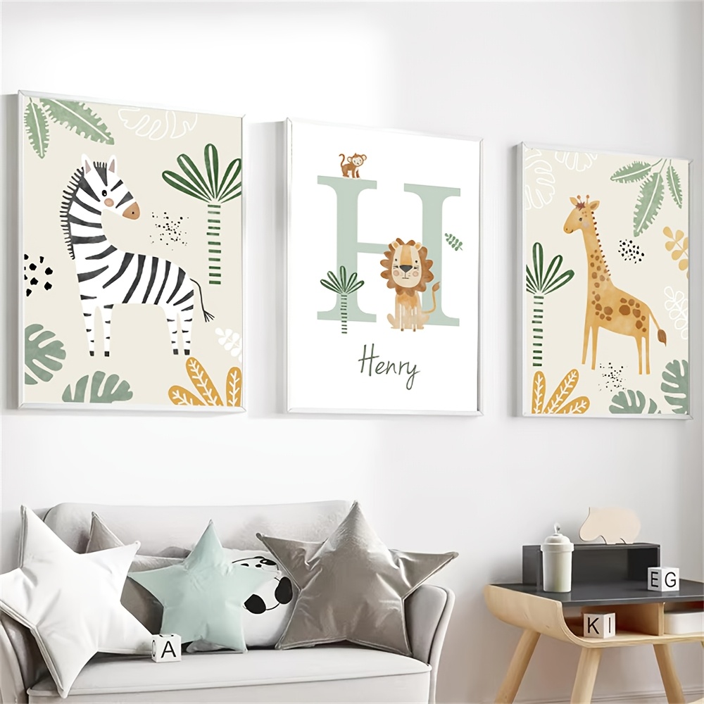 TEMU 3pcs Set - Custom Name Canvas Poster, Personalized Lion Print, Giraffe, Zebra Art Deco, Jungle Animal Wall Art, Green Plant And Leaf Wall