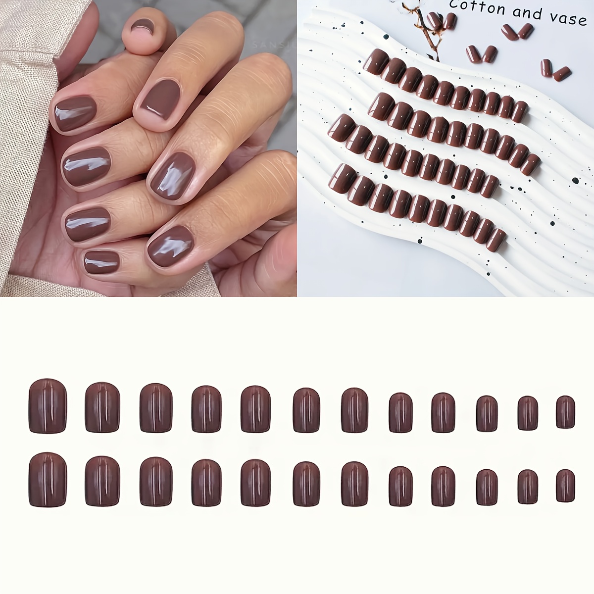 24pcs Short Square Chocolate Brown Press-on Nails, Autumn Solid Color False Tips For Women & – Holiday Wear, Easy To Remove Reusable With Free Jelly Glue And File