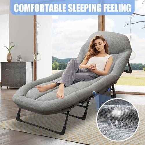 6 position adjustable folding lounge bed cot with memory foam mattress pillow 550lbs capacity portable recliner for office nap camping patio indoor relaxation manual handle operation foldable design camping sturdy frame construction foldable bed