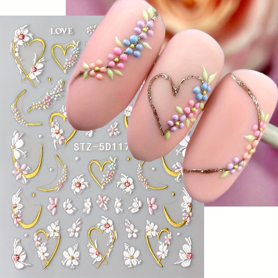 5d French Nail Stickers - Floral & Geometric , , Cherry Design, Self-adhesive Acrylic Embossed Sliders For Manicure, Nail Art Supplies | Elegant Nail Decor | Detailed Nail Art