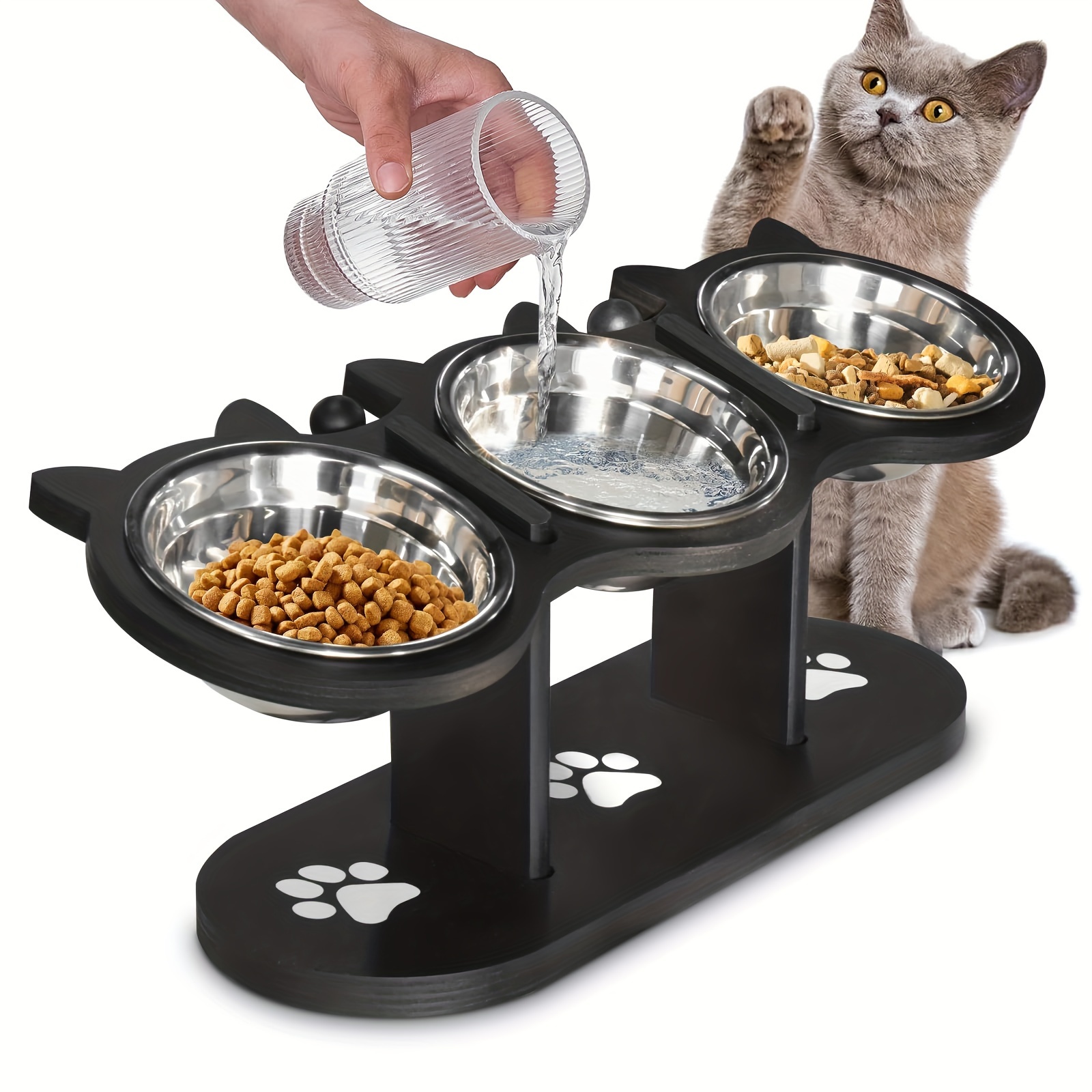 

1pc Wooden Food Dispenser With 3 Elevated Stainless Steel Bowls, Multi-height 15° Tilted Pet Bowls, Drinking Eating Feeding Bowls For Cats Puppy And Small Dogs