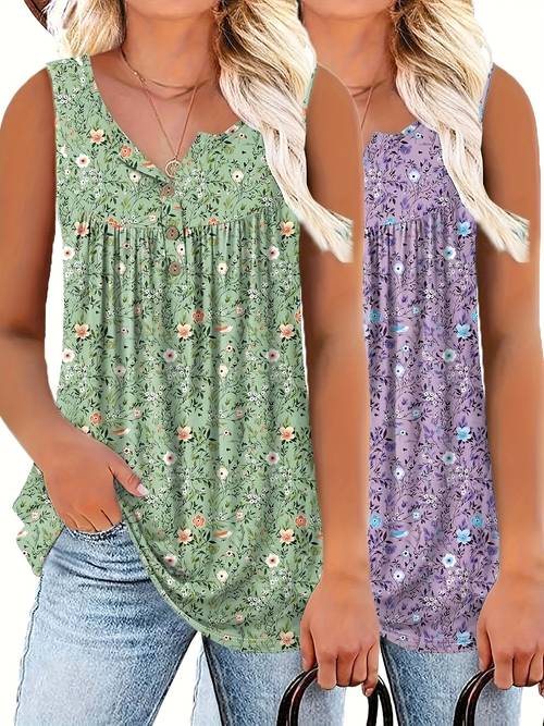 womens two piece set elegant v neck button front cardigan t shirt with small floral print and henley neckline casual vacation wear womens top