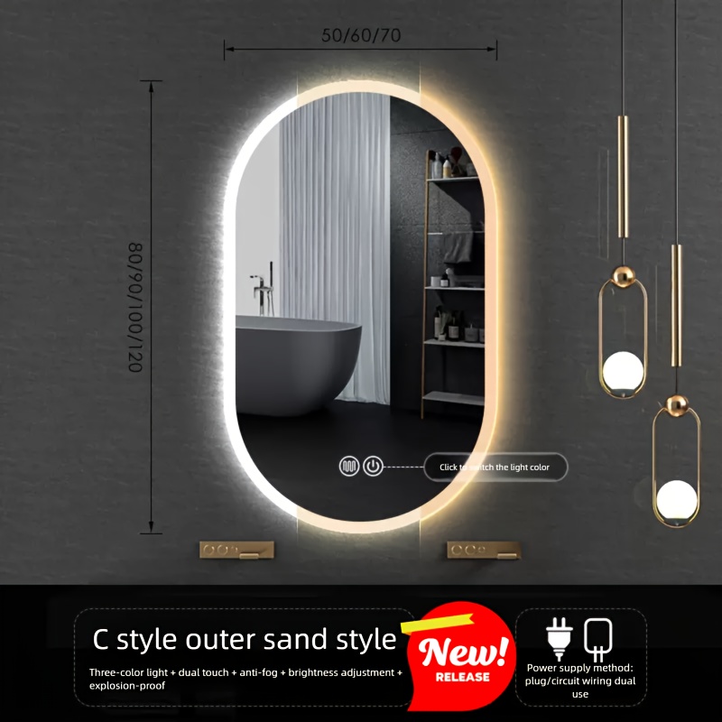 TEMU Specchio da bagno intelligente 80 cm di altezza, 50 cm di larghezza, specchio da bagno ovale a parete con illuminazione a LED, luminosit�