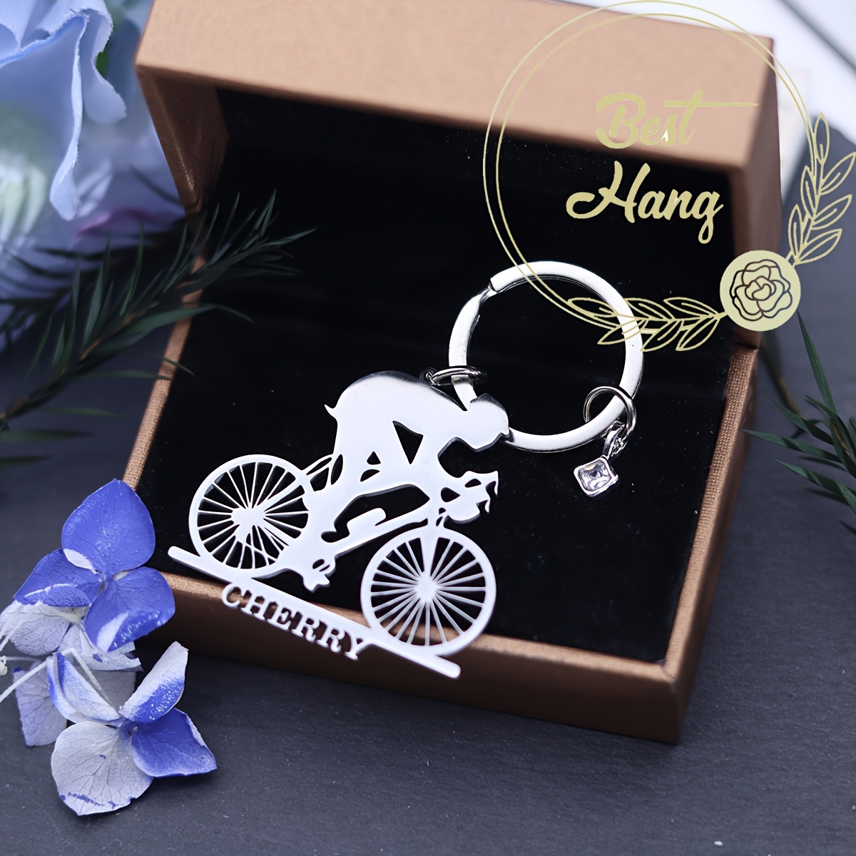 TEMU Llavero de bicicleta de acero inoxidable , placa de identificación de bicicleta personalizada con piedra de , llavero con personalizado para