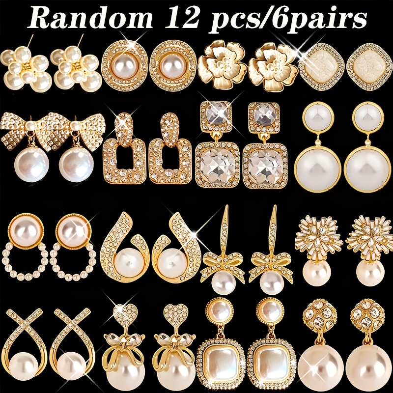 TEMU Random 12pcs Artificial Pearls Square Bow Pendant Earring Set Women's Party Date Gift Daily All-match Gift For Girlfriend Valentine's Day Gift