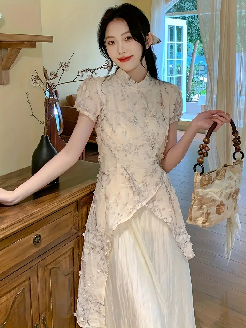 chinese casual dress Maqroz Midi Chiffon Dresses for Women V Neck Casual Dress Loose Chinese Dress Plus Size Empire Waist Cocktail Dress Beach Fashion Elegant Dress