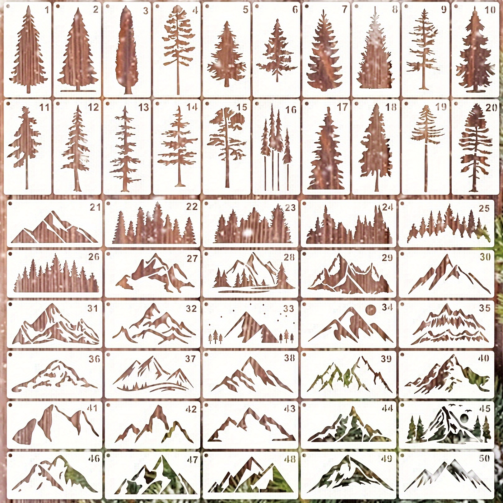

50cpcs Pine Tree Tree Mountain Stencils For Painting Crafts Reusable Painting Pattern Templates For Diy Scrapbook Sign Shirt Canvas Wall Cookie Furniture Floor Decor