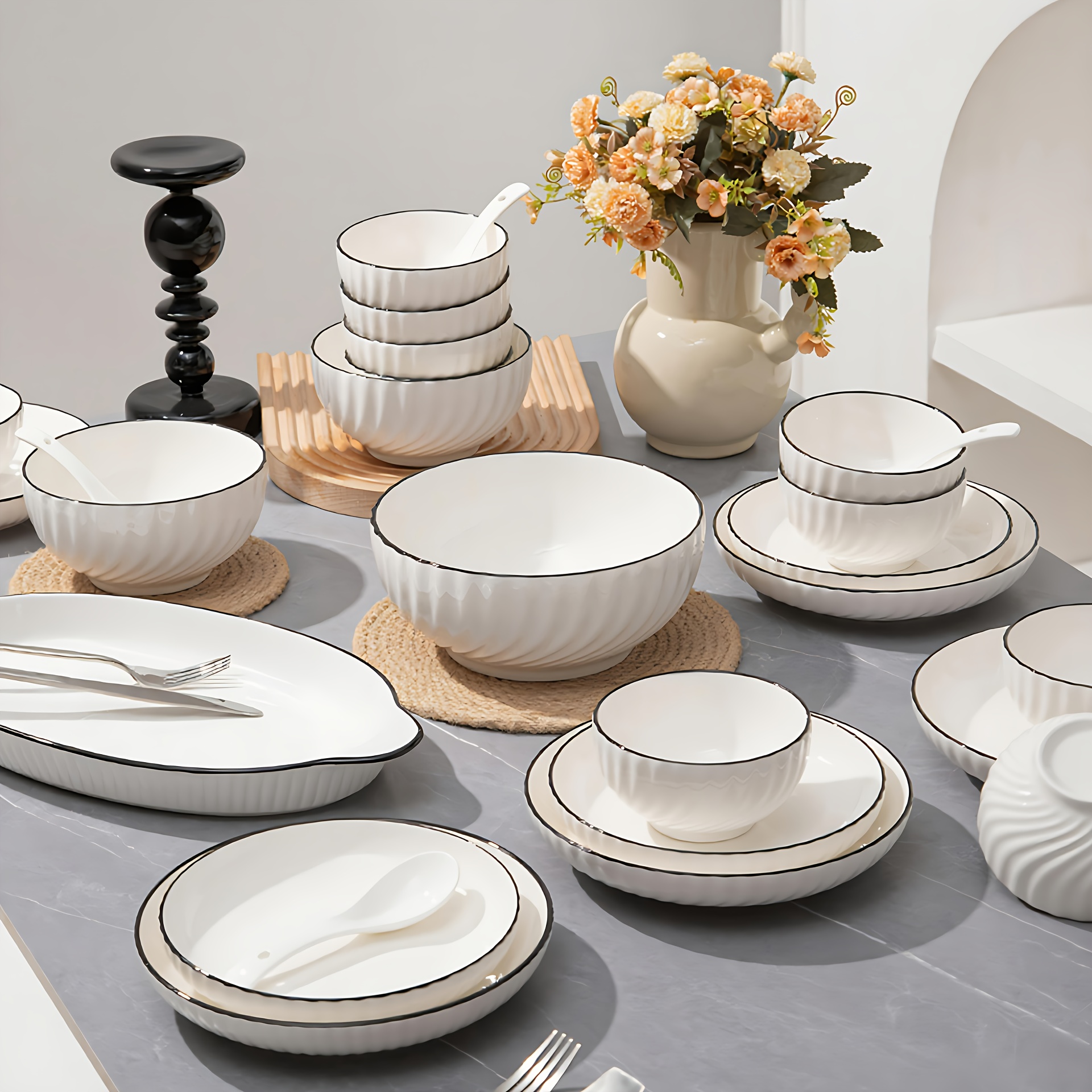 6-teiliges * Keramik-Geschirrset mit schwarzen Tellerrändern & Schüsseln – Minimalistisches, elegantes Rundgeschirr für Zuhause, Restaurant, Hanukkah/Ostern/Thanksgiving-Abendessen – Schüsseln 4,5/6/8