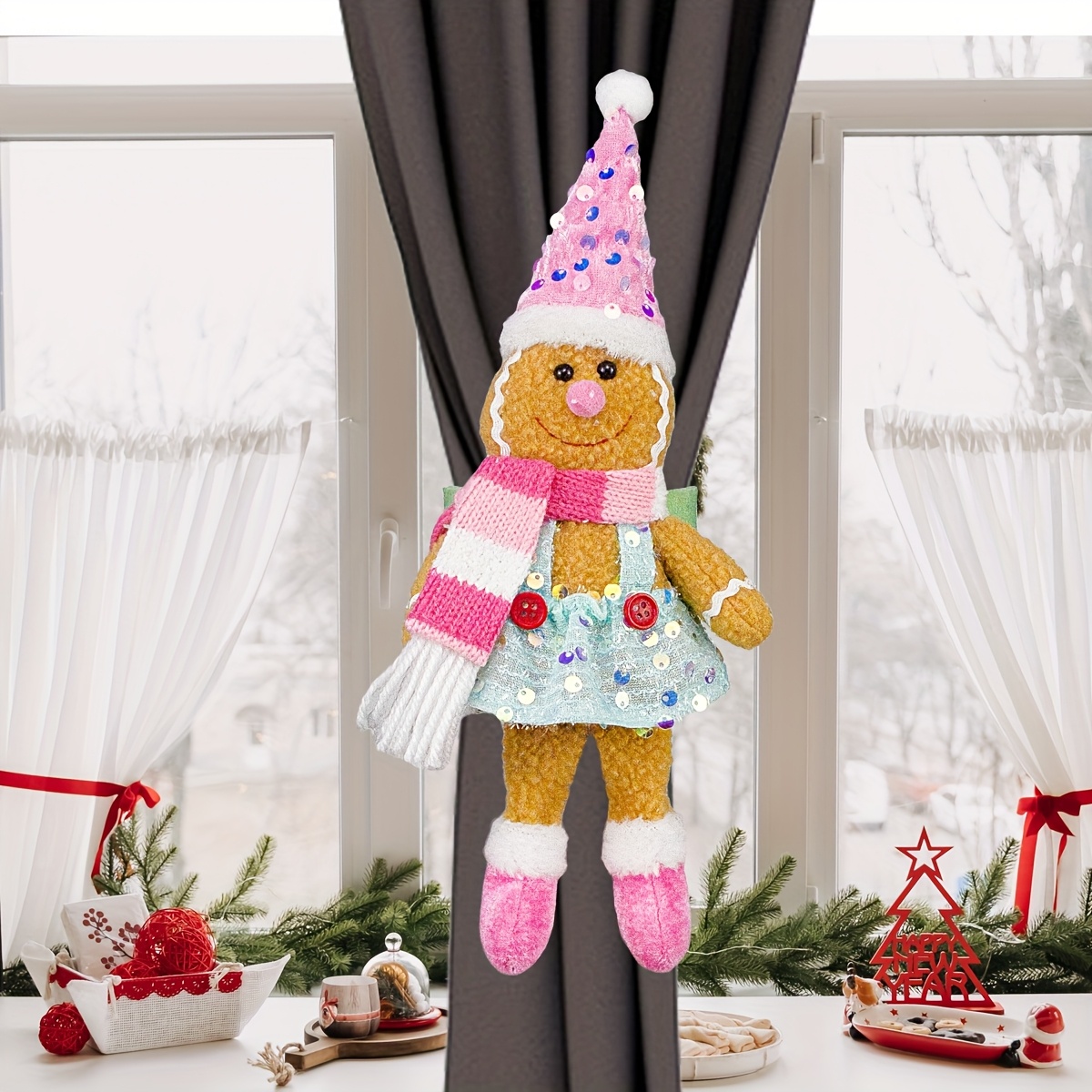 TEMU 1pc European-style Gingerbread For Man Christmas Curtain Holders - Yellow Polyester Festive Window Decor With Snowflake Scarves & Star Hats, Indoor Holiday Decoration For Home Or Shop