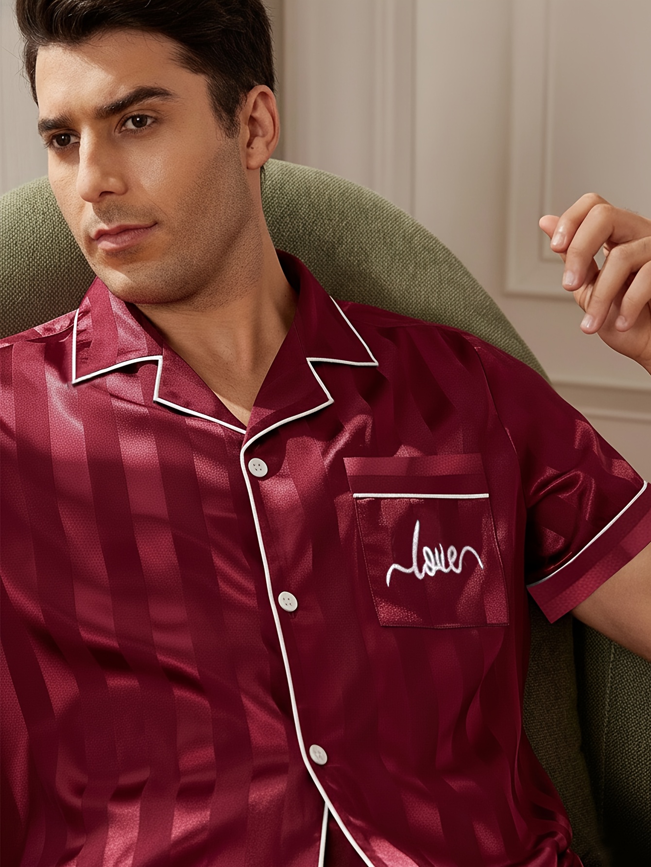 [MEN/WOMEN] Couple Style Valentine's Day Men's or Women's Short Sleeve Top + Shorts Striped Embroidered Love Pattern Pajama  Set, Button Y Cardigan Single Set