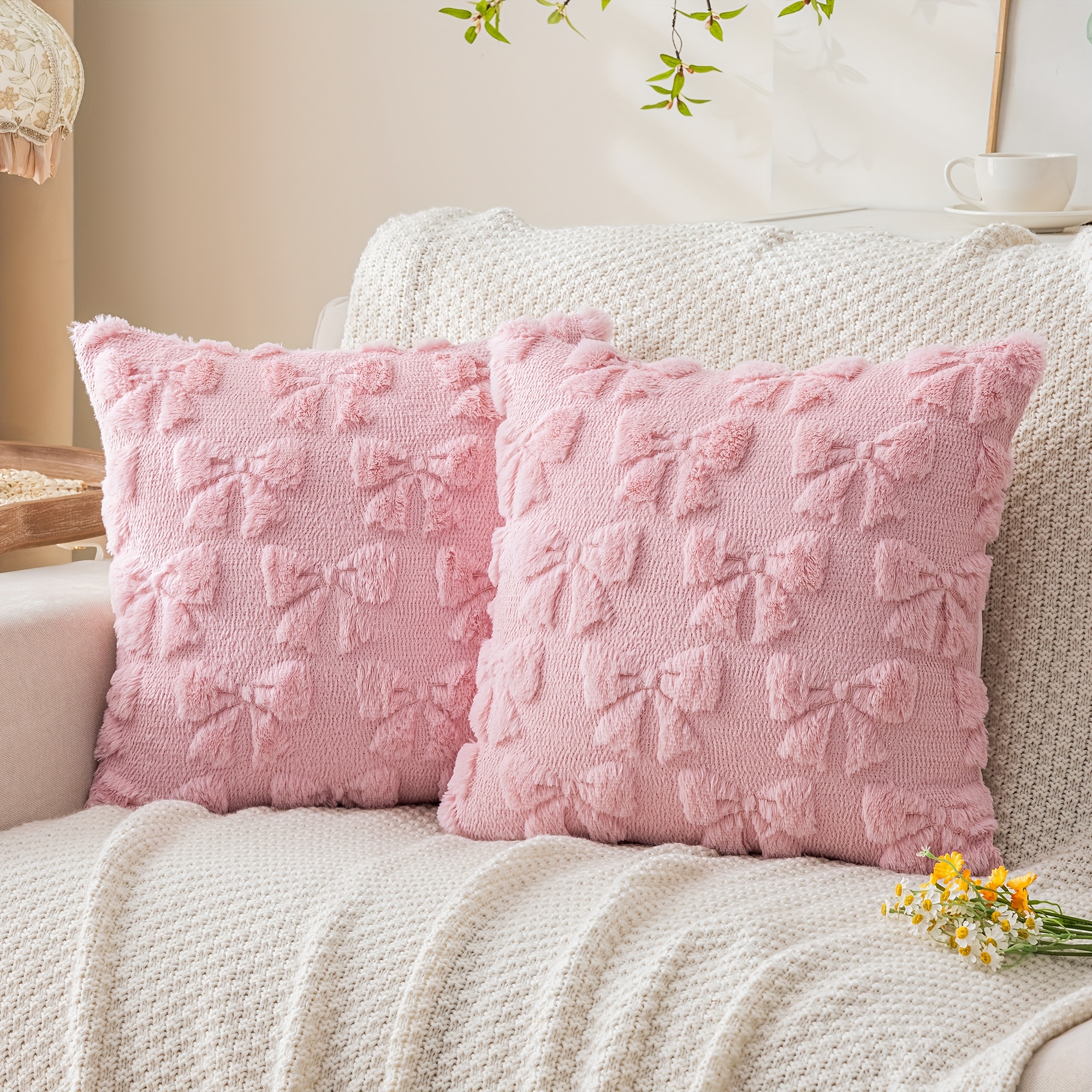 2pcs Pink Decor Pillow Covers, 45x45cm, Cute, Cozy, Soft Faux Fur Cushion Covers With Hidden Zipper, Suede Backing, For Sofa, Living Room, Bedroom Decor (insert Not Included)