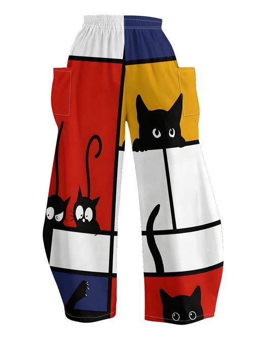 style hide and seek black cat print wide leg pants womens and cool casual fashion trousers
