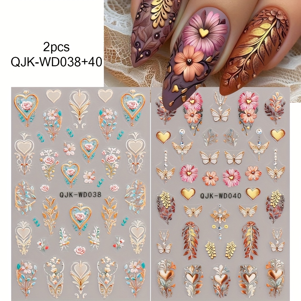 2pcs Embossed Vintage Flowers Leaf 3d Nail Art Stickers Vine Floral Butterflies Adhesive Decals For Nails Decorations: retailer-supplied image