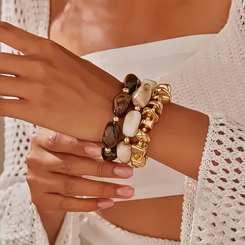 TEMU Ensemble de 3 bracelets vintage en résine perlée, color-block à , bijoux superposables pour femme, accessoires de mode décontractés