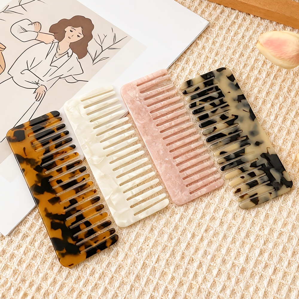 TEMU 4pcs Acetate Wide-tooth Comb Set, Portable Anti-static Hair Comb, Leopard Print, Tortoiseshell, And Solid . , Non-pulling. Suitable For Wet And