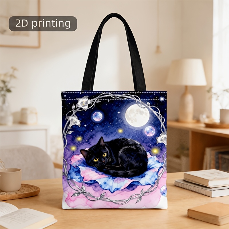 TEMU Men' & Women' Watercolor Black Cat Print Crossbody Bag & Handbag - Unisex Tote Suitable For Daily Commute, Shopping,,, Machine Washable With