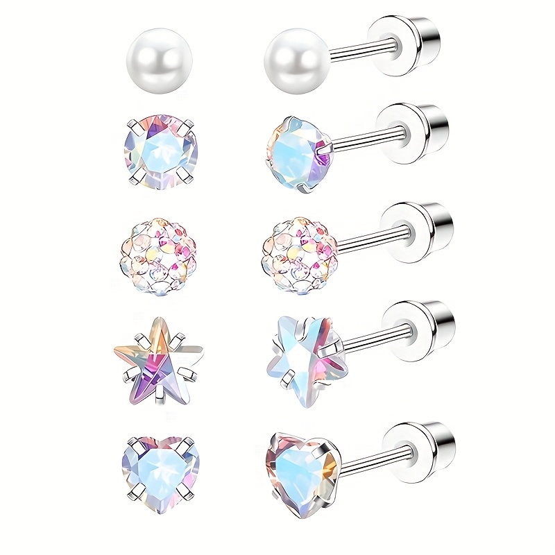 TEMU 5 Pairs Elegant & Sexy Heart- Zirconia Stud Earrings, Stainless Steel Body Piercing Jewelry For Daily & Party Wear, Party Accessories, Jewelry,
