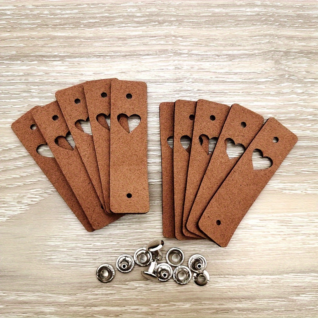 10-piece Faux Leather Handmade Tags Set With 10 Sets Of Rivets, Heart Cutout Design For Knitting, Crocheting & Crafts