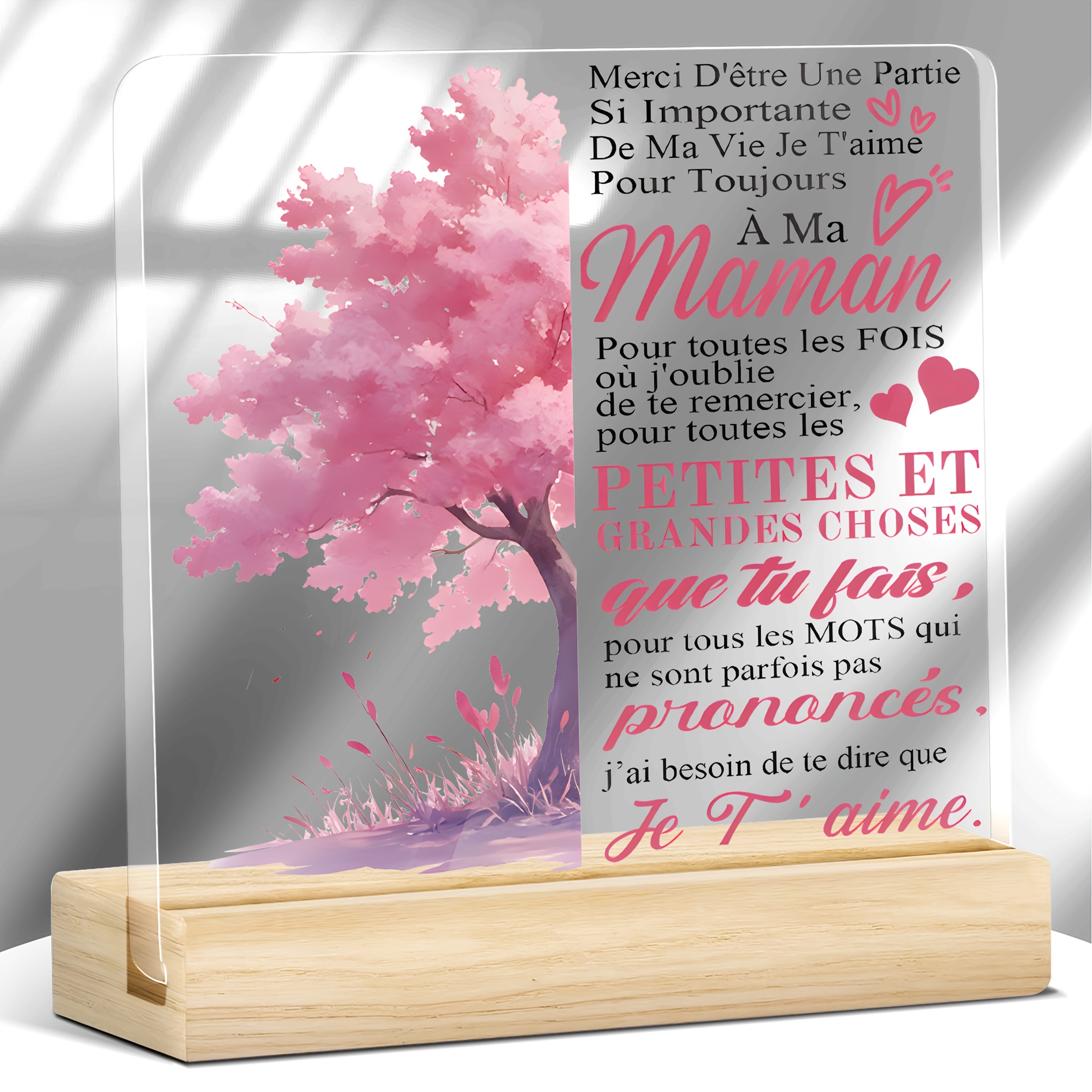 TEMU Panneau Acrylique Français 2D Plat, 1 Pièce avec Base en Bois - Décoration de Table Message Français "/Maman/J'ai /Qu'est- que c'est ?" Rose,