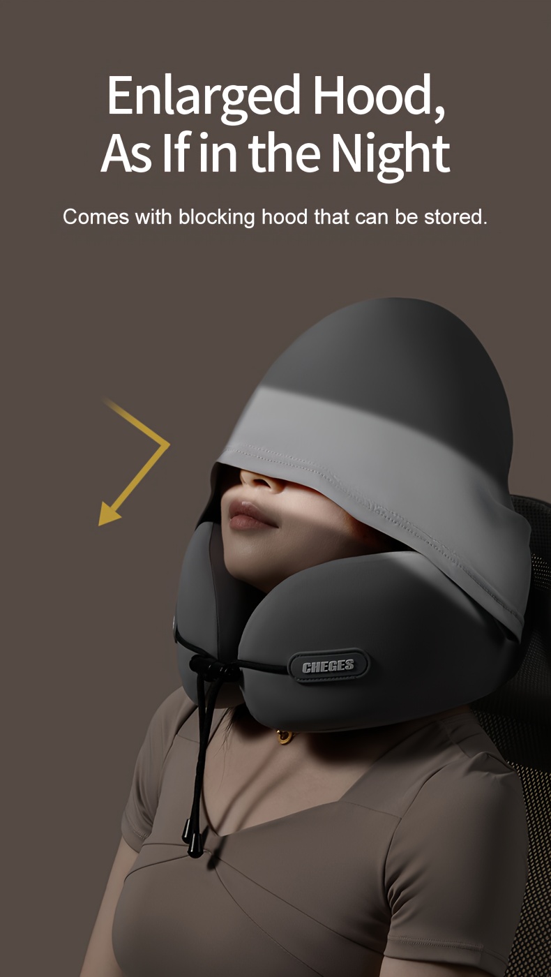 Car Hooded U-Shaped Neck Pillow, Adjustable Hooded U-Shaped Neck Pillow, Portable for Airplane Travel, Ice Sliky Fiber Fabric Slow Rebound U-Shaped Neck Pillow with Storage Bag