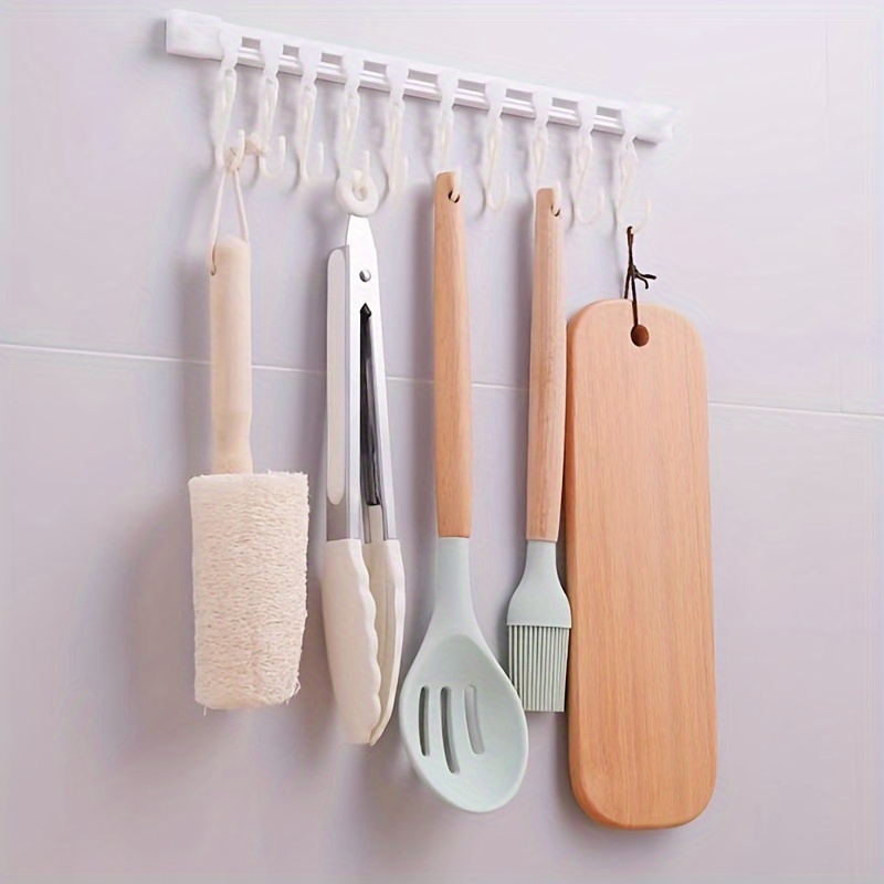 

Adjustable Plastic Hanging Rack With Sliding Hooks – No-drill Wall Mount Kitchen Utensil Holder – Unfinished Multipurpose Storage Organizer For Home – Suitable For 14+ Years – Weather- Hooks