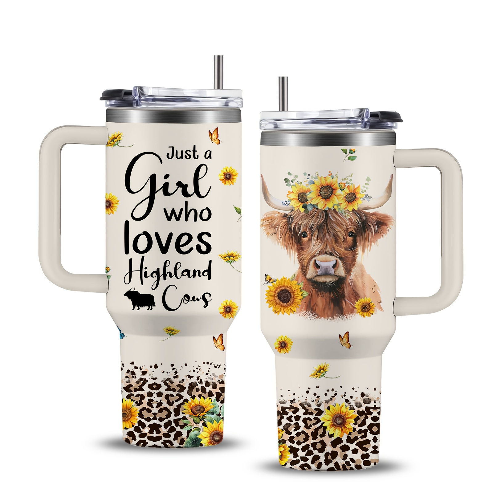 TEMU Highland Cow Stainless Steel Tumbler 40oz With Handle And Lid - " Who " Design, Bpa-free, Ideal For Outdoor Sports & Camping, Perfect Gift For , Cow Decor