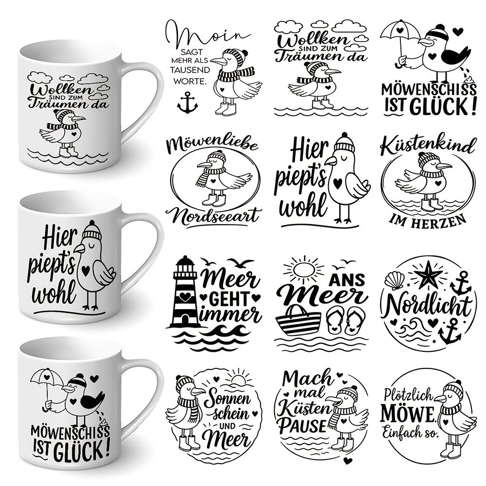 12pcs German Seagull Nautical Theme Uv Dtf Transfer Sticker - Seagull Quotes Self-adhesive Decals For Mugs, Bottles & Laptops