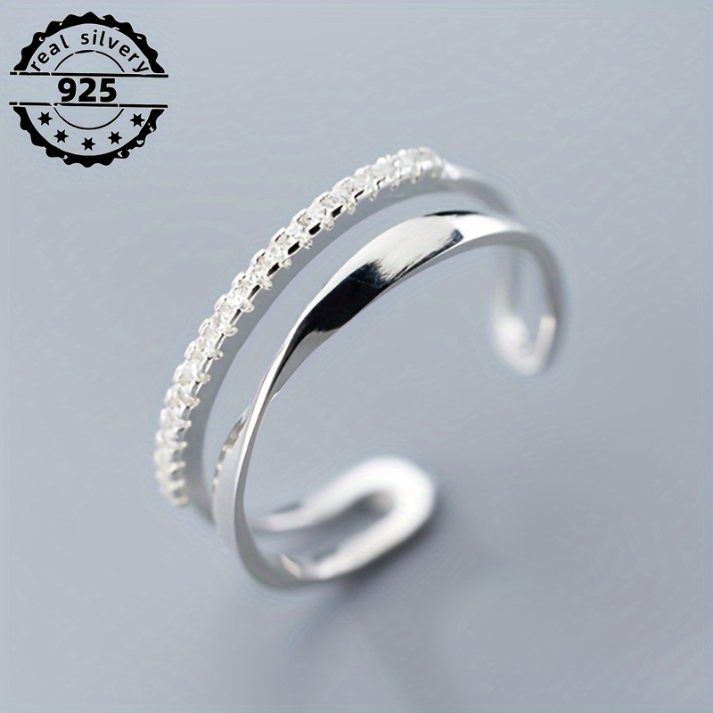 

S925 Sterling Silver Cuff Wedding Ring Double-layer Design Inlaid With Sparkling Zirconia A Of And Fashion High Quality Adjustable Ring 2.2g/0.078oz