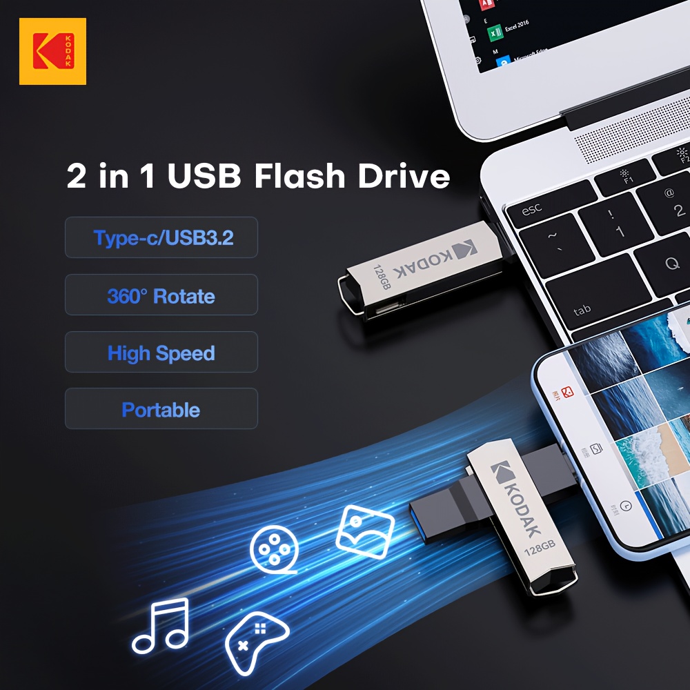 

1pc Kodak K273 Series Dual Flash Drive, 64gb/128gb/256gb, Usb 3.0 & Type-c, Rotatable Design, Compatible With Phones & Pcs