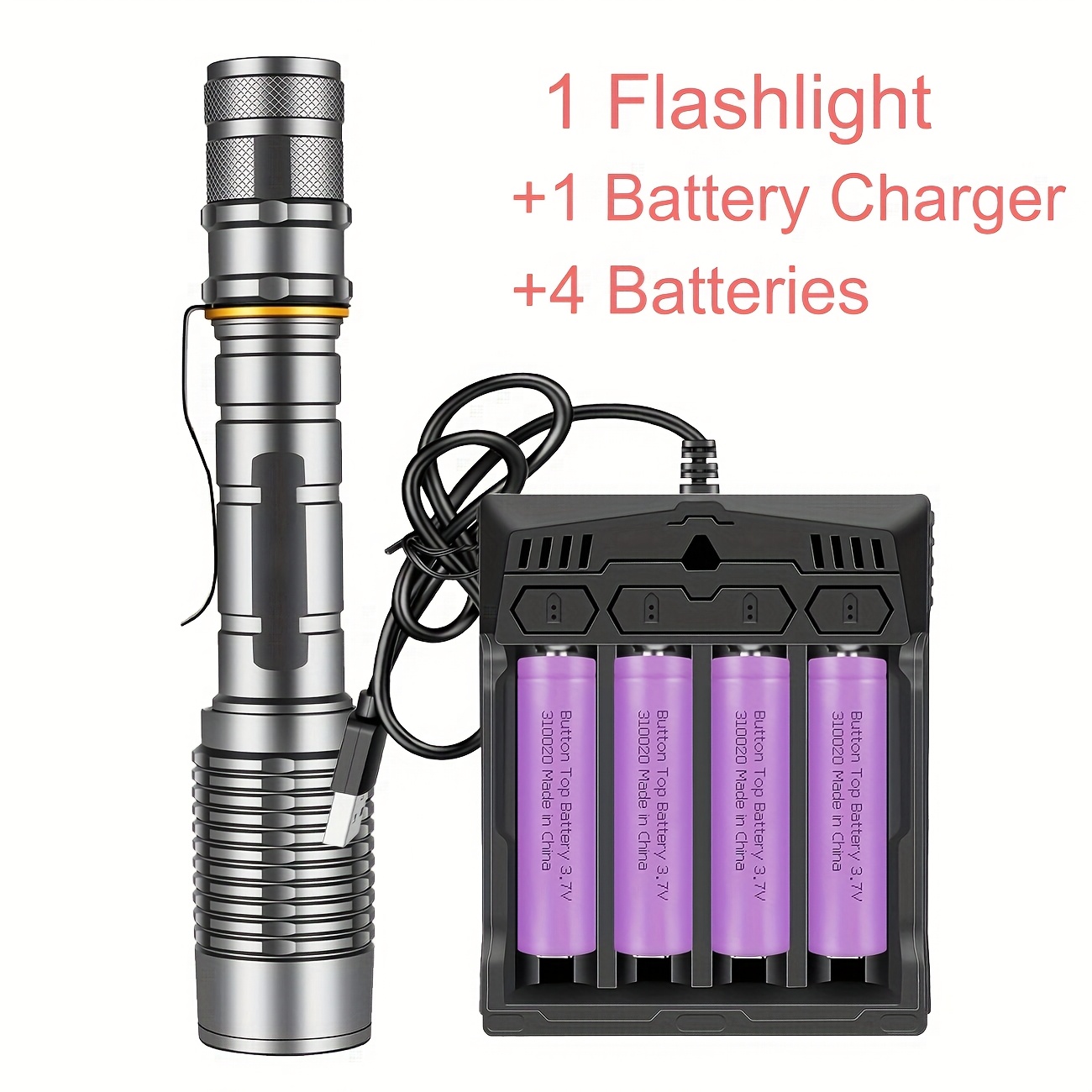 

1pc Rechargeable Led Flashlight With 10w Aluminum Alloy External Battery For Charging, Using 2 18650 Batteries With Telescopic Focus Adjustment In 5 ( Medium Light Flash Sos)