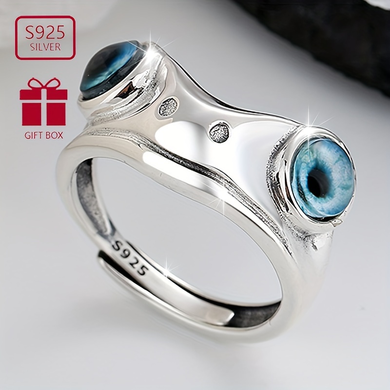 

1pc Vintage Gothic 925 Sterling Silver Animal Frog Shaped Blue Eye Cuff Ring, Unisex Hip Hop Fashion Statement Band For Party And Daily Wear