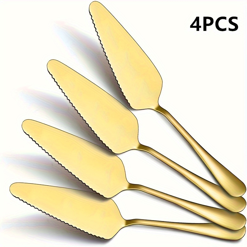 A 4pcs Stainless Steel Cake Spatula Set With Serrated Edges, Suitable For Birthday Cakes, Pizza, And Baking, Ideal For Bakeries, Homes, And Hotels, Machine Washable, In Golden Color