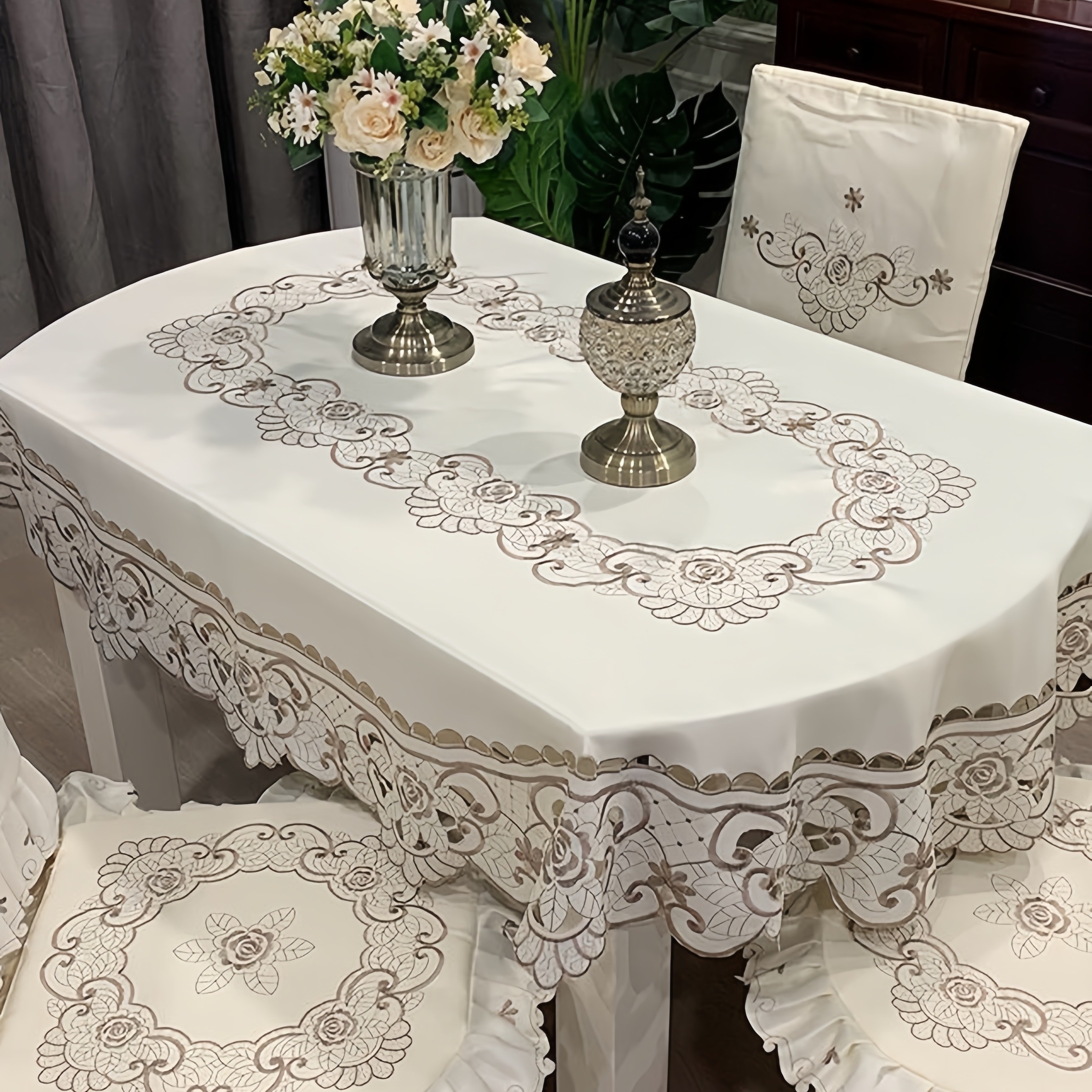 

Elegant Oval Embroidered Tablecloth - Solid Color, Polyester, Dustproof & Heat-resistant For Dining And Coffee Tables, Decor & Parties, , Hollow Out, Round Shape