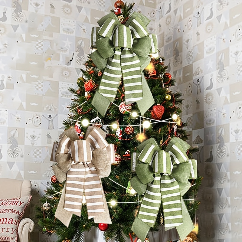 

Christmas Decor: Green And Striped Bows - Large, No Battery, Suitable For Gift Wrapping And Home Decoration