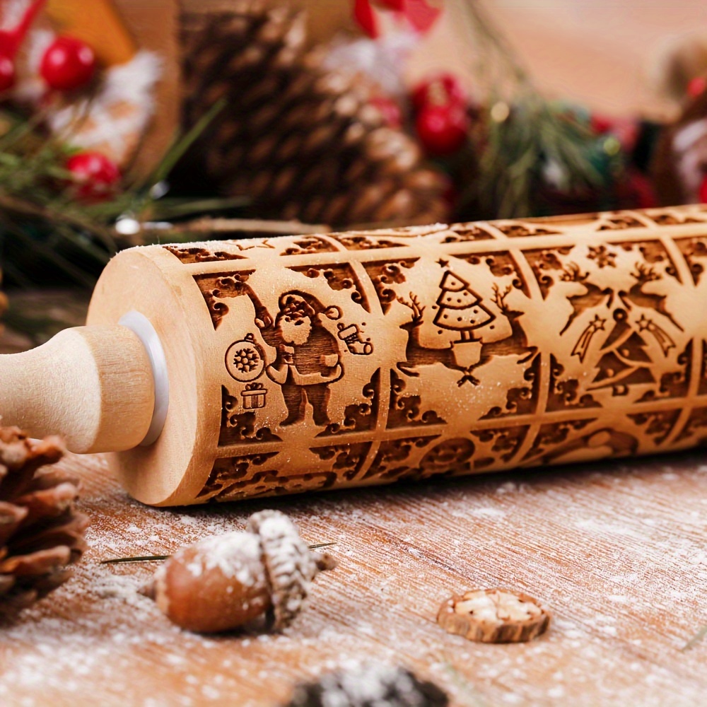 

Wooden Christmas Embossing Rolling Pin - Santa, Reindeer, Tree & Stockings Designs For Holiday Baking And Crafts