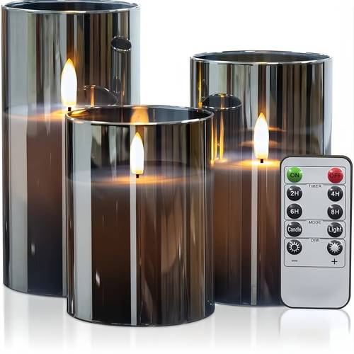 3-delige vlamloze led kaarsenset - flikkerende kaarsen met afstandsbediening, 8 , hoge transparantie plastic, -energiebesparend elektronisch nachtlampje - perfect voor verjaardagen, bruiloften, kerstdecoratie, gebruik binnenshuis - grijs