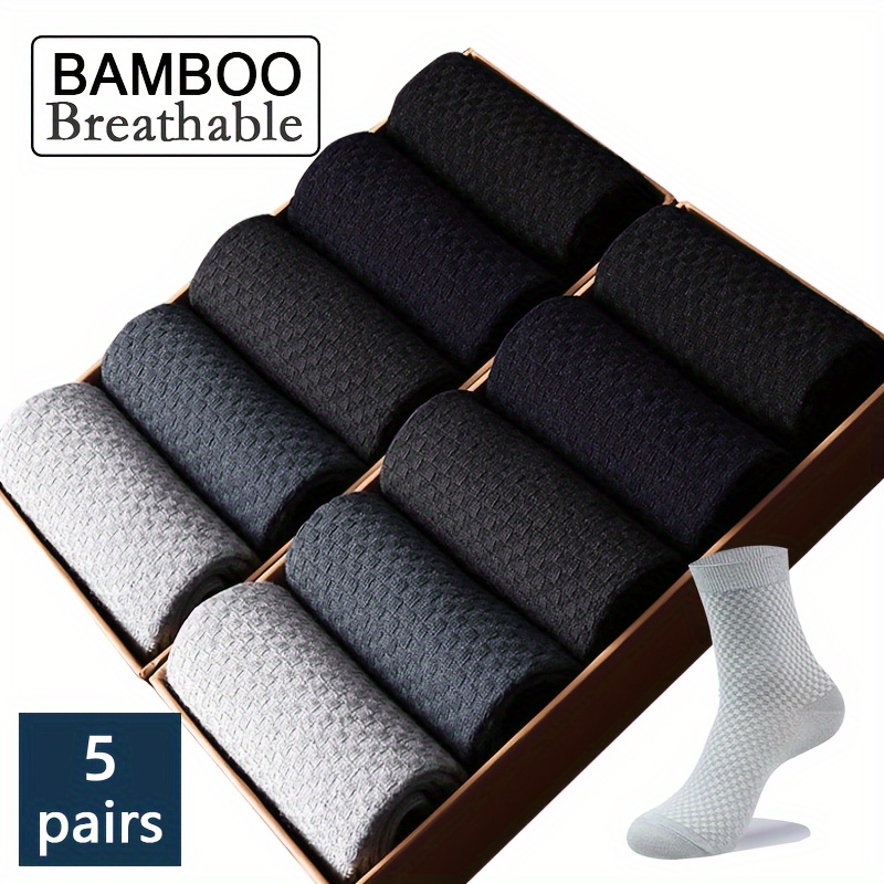 

5 Pairs Of Men's Solid Color Cotton Crew Socks, Anti Odor & Sweat Absorption Breathable Socks, For All Seasons Wearing