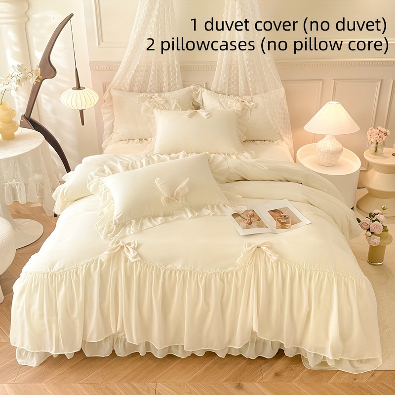 

3pcs Beige White Duvet Cover Set, Embellished, Solid Color, Zipper Closure, Machine Washable, Polyester 100%, Woven Fabric, 140-160g - No Insert Included