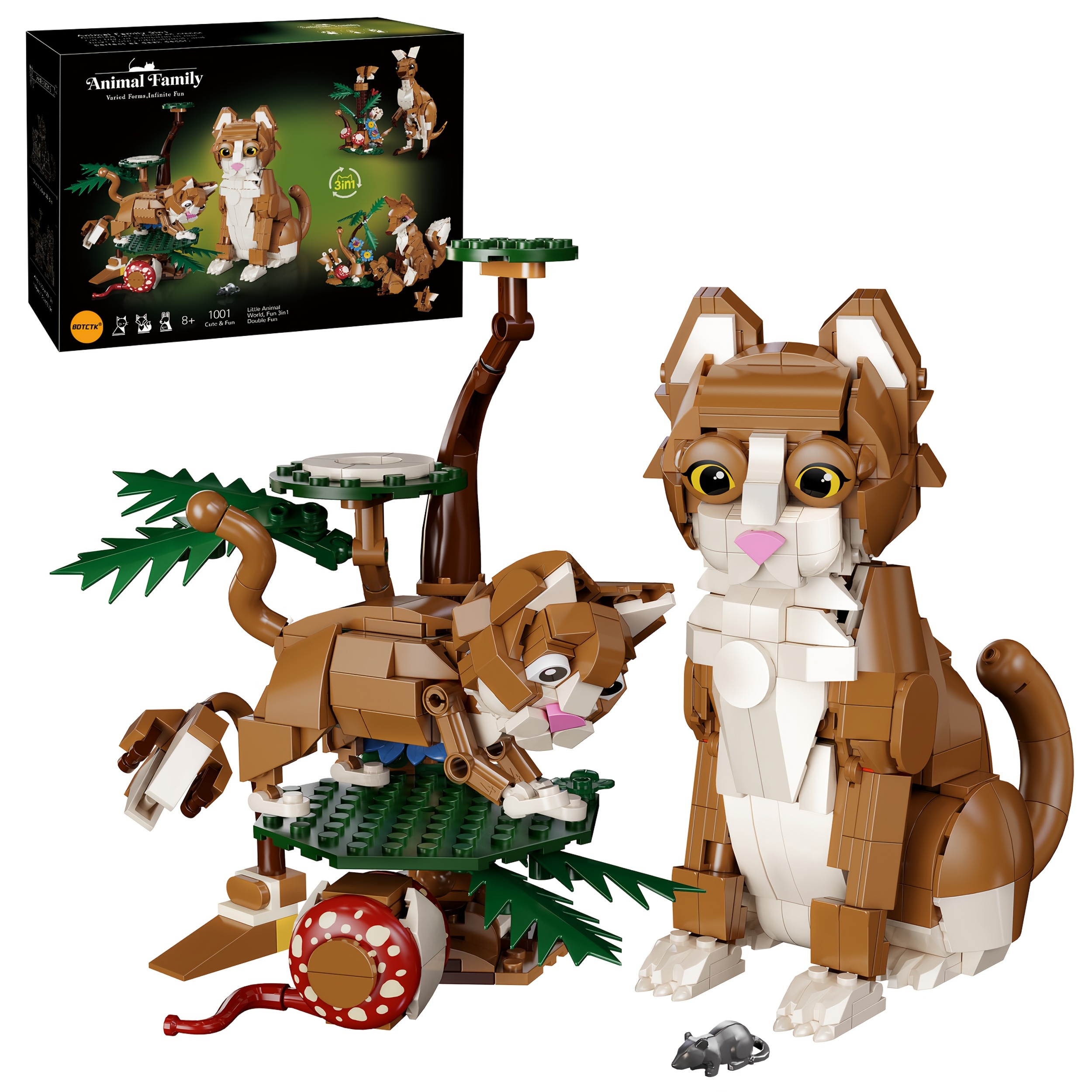 1038pcs Cat 3-in-1 Assembly Building Blocks, Movable Realistic Cartoon Cat Model With Display Base, Compatible With Brand Building Blocks, Educational Puzzle Toy, Creative Desktop Decoration