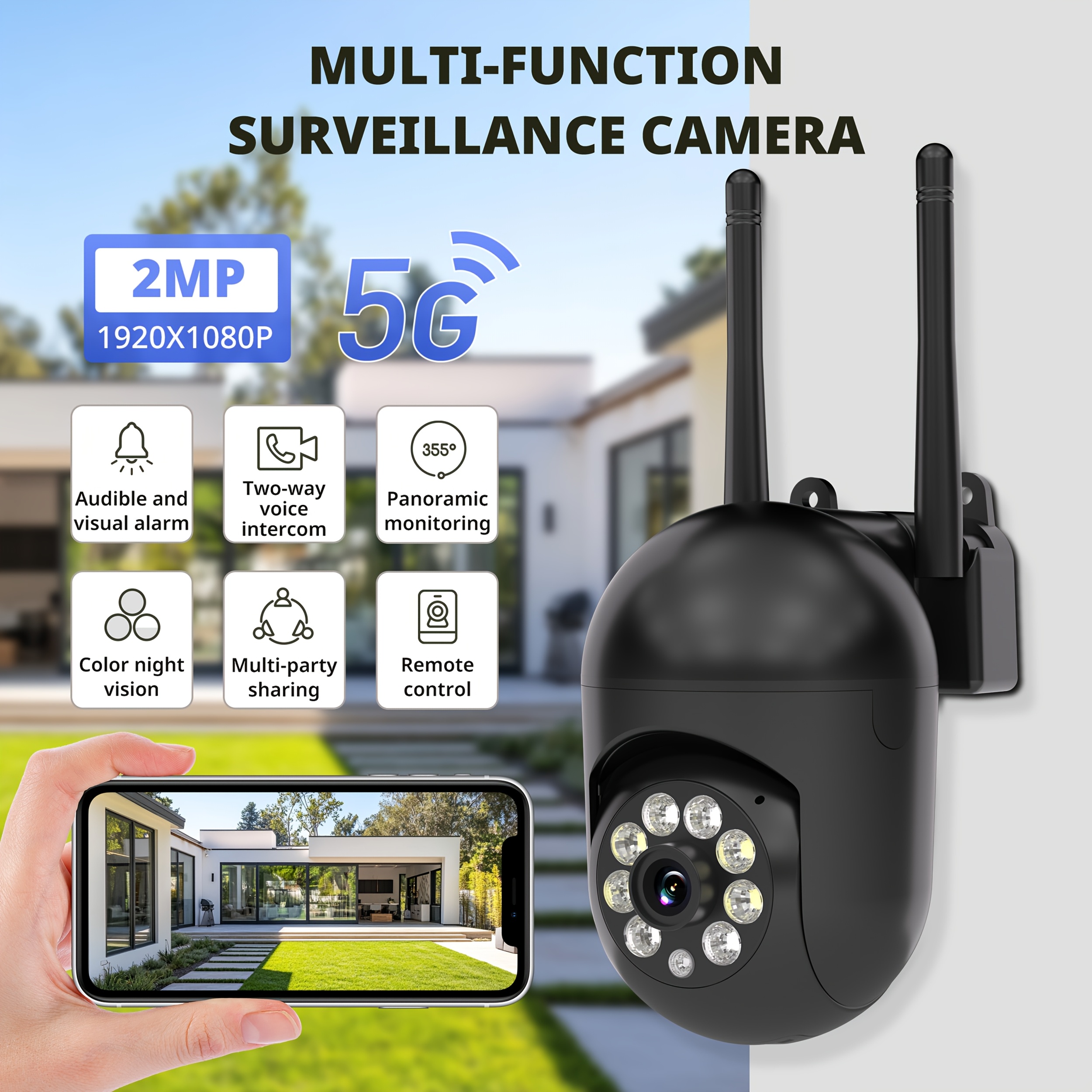 TEMU 1pc Wireless Wifi Pet Security Camera, Outdoor Weather-proof Water-proof Camera, 1080p Hd, Color Night Vision, 2-way Audio, Ease , 360
