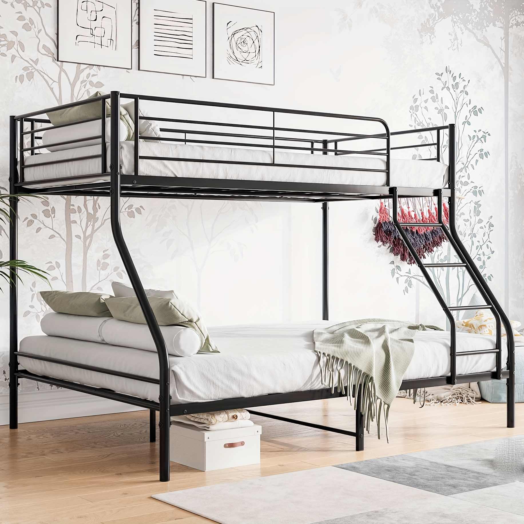 

Modern Metal Twin Over Full Bunk Bed With Ladder And Full-length Guardrail, Bunk Bed With Storage For Or Bedroom Teens Adults, Sturdy Support Slats/space-saving/noise-free, Black