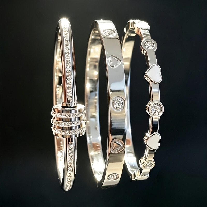 TEMU 3pcs Set Ladies' High-end Temperament Stainless Bracelet 304 Stainless Steel Waterproof, Hypoallergenic Suitable For Daily Commuting, Summer