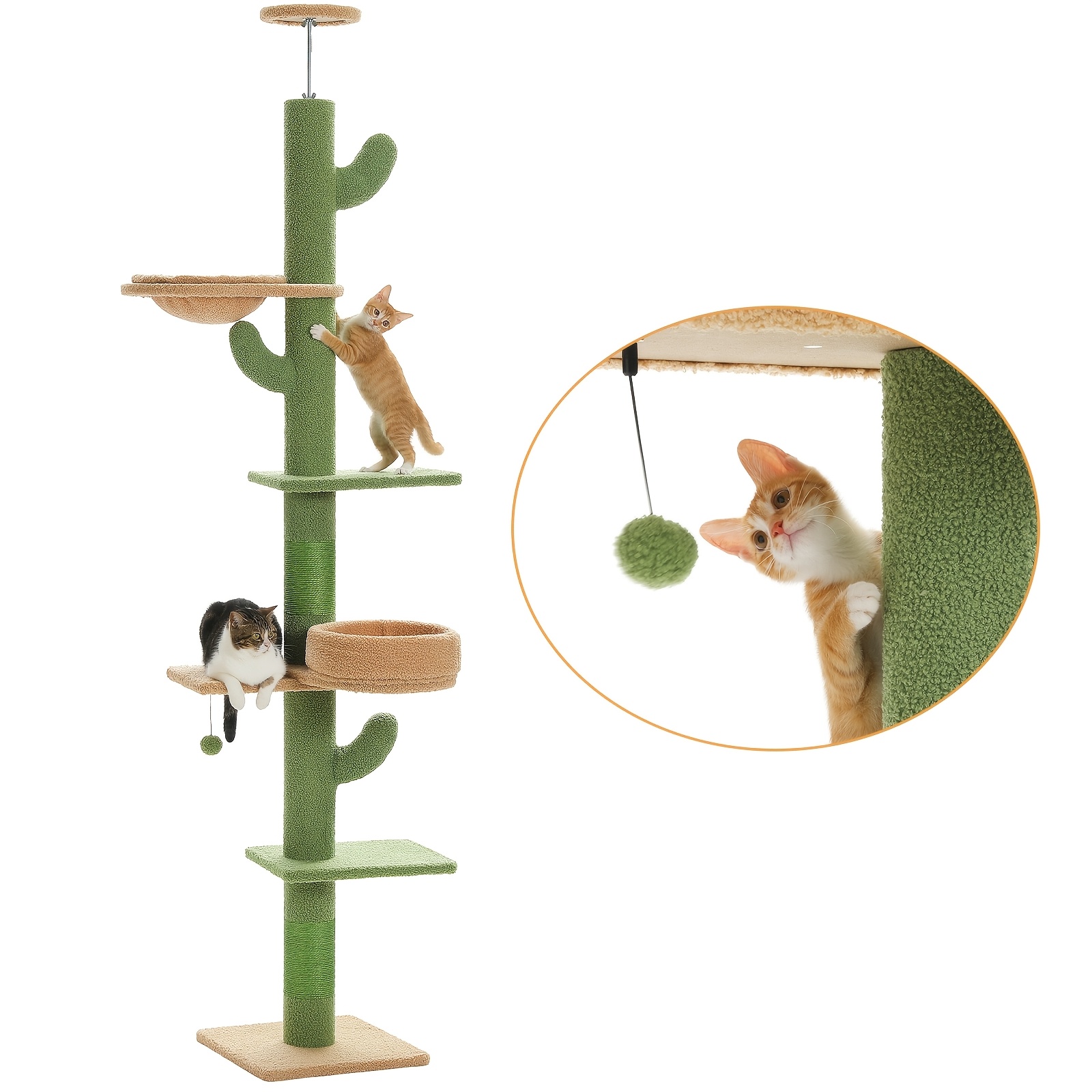 TEMU Arbre à chat de sol à plafond pour chats d'intérieur | Tour haute pour chat à hauteur réglable avec griffoirs épais, hamac confortable, perchoir